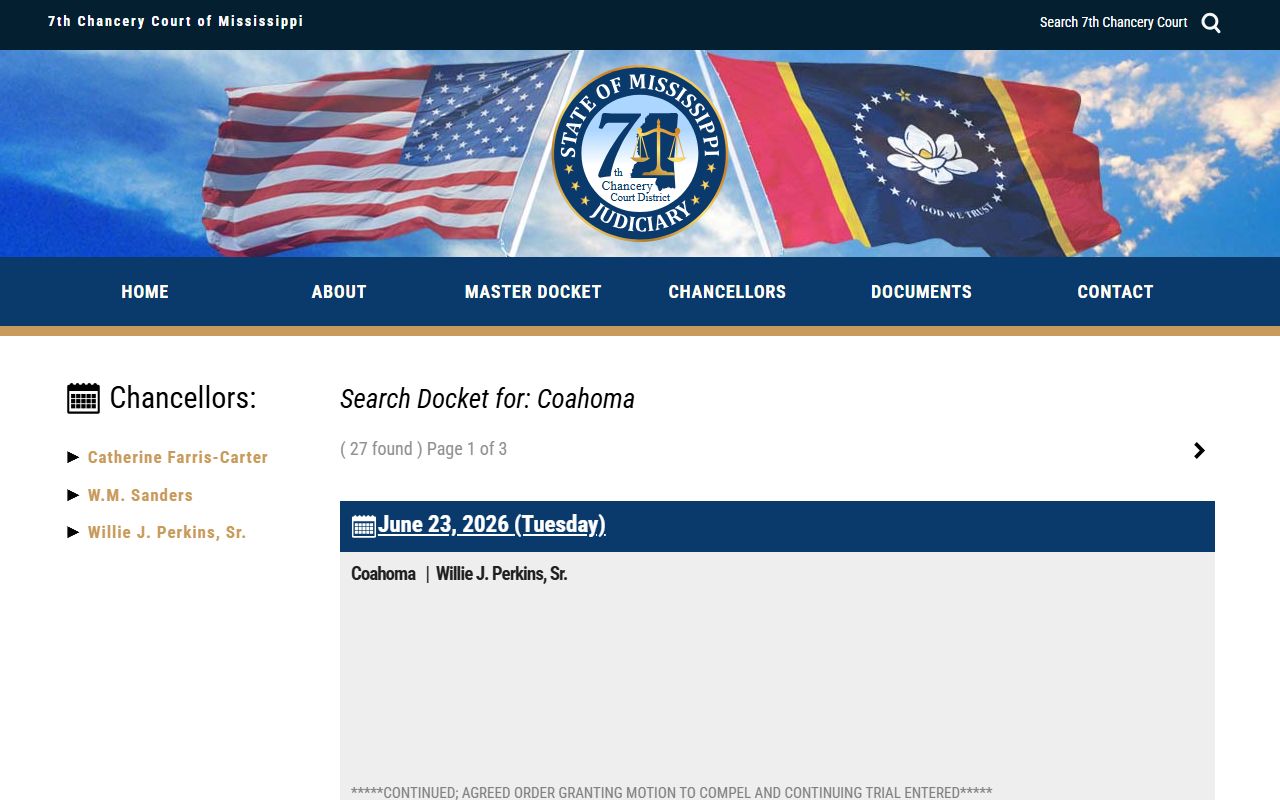 Coahoma County court dockets on the 7th Chancery District public calendar