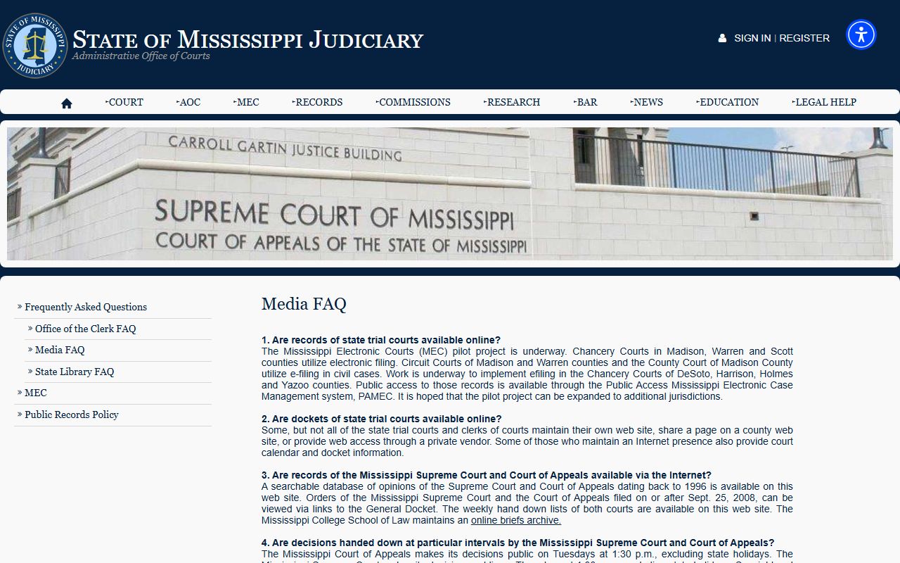 Coahoma County court records docket access on the Mississippi Judiciary media page
