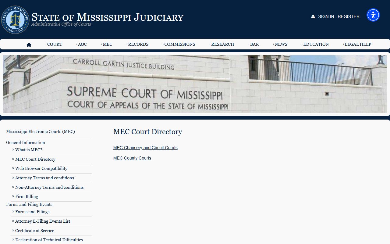 Coahoma County court records directory listing for Mississippi Electronic Courts