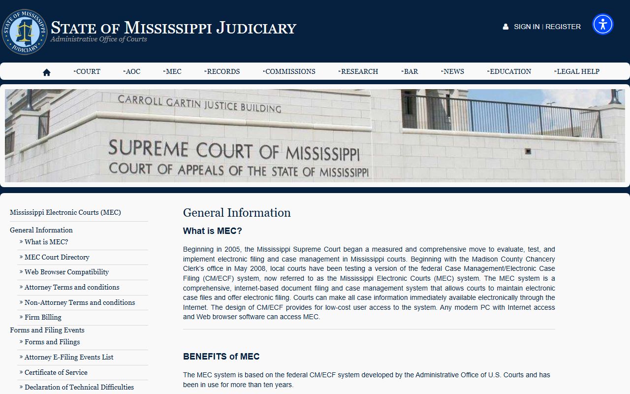 Coahoma County court records access through the Mississippi Electronic Courts general information page