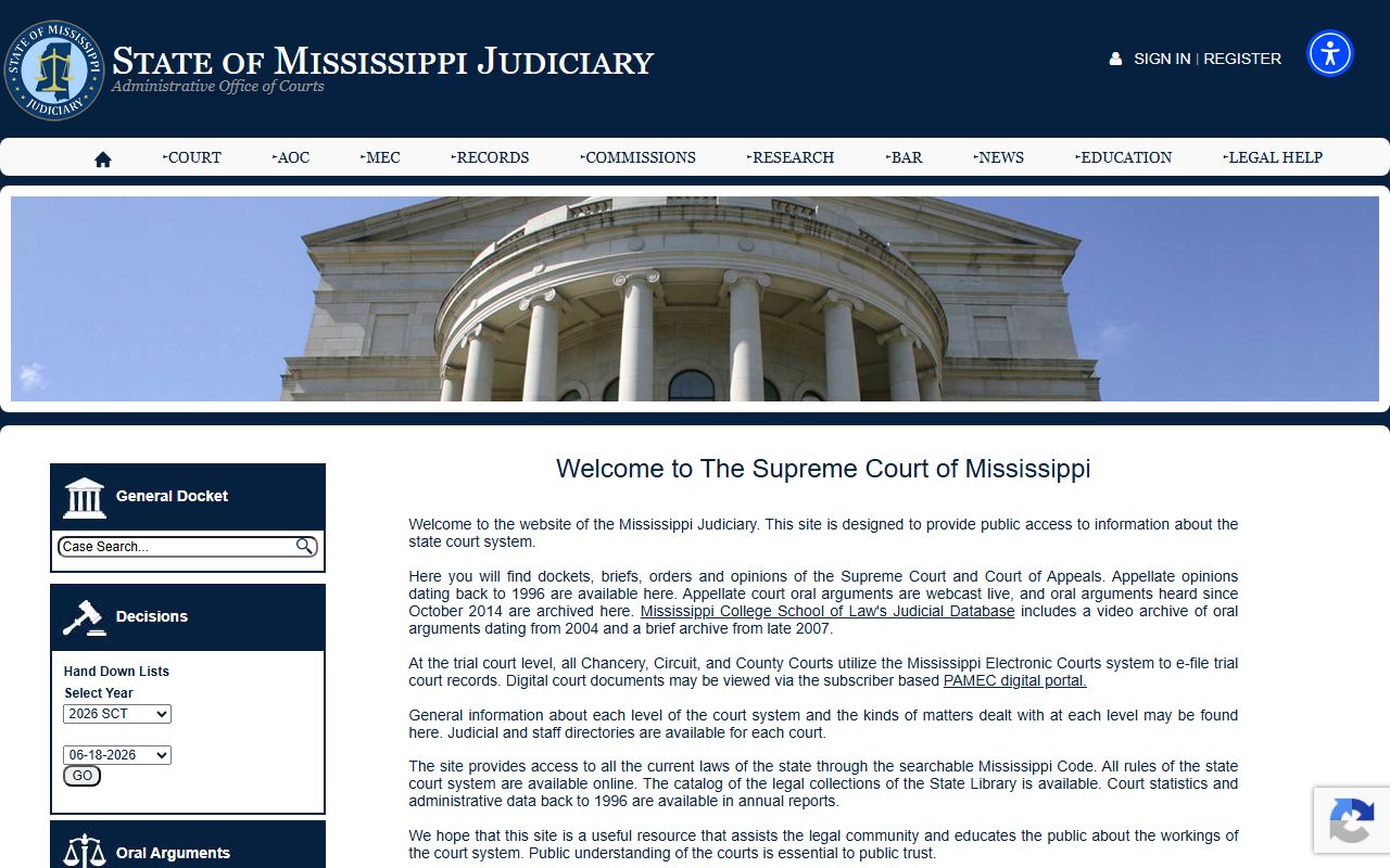 Coahoma County court records gateway on the Mississippi Judiciary homepage