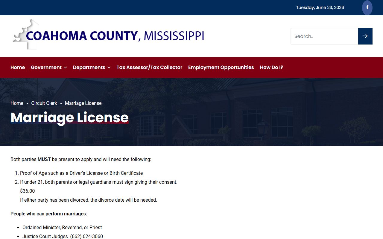 Coahoma County marriage license application information